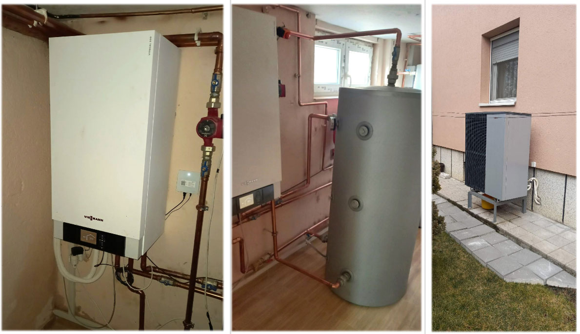 Ceo Viessmann grejni sistem: Unutrašnja jedinica, bafer i spoljašnja jedinica ugrađene toplotne pumpe Viessmann Vitocal 200-S